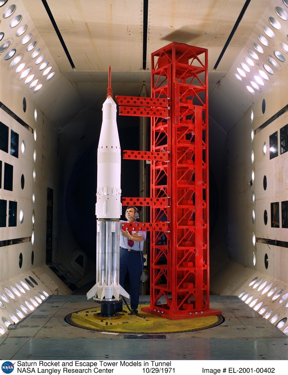 Saturn Rocket and Escape Tower Models in Tunnel