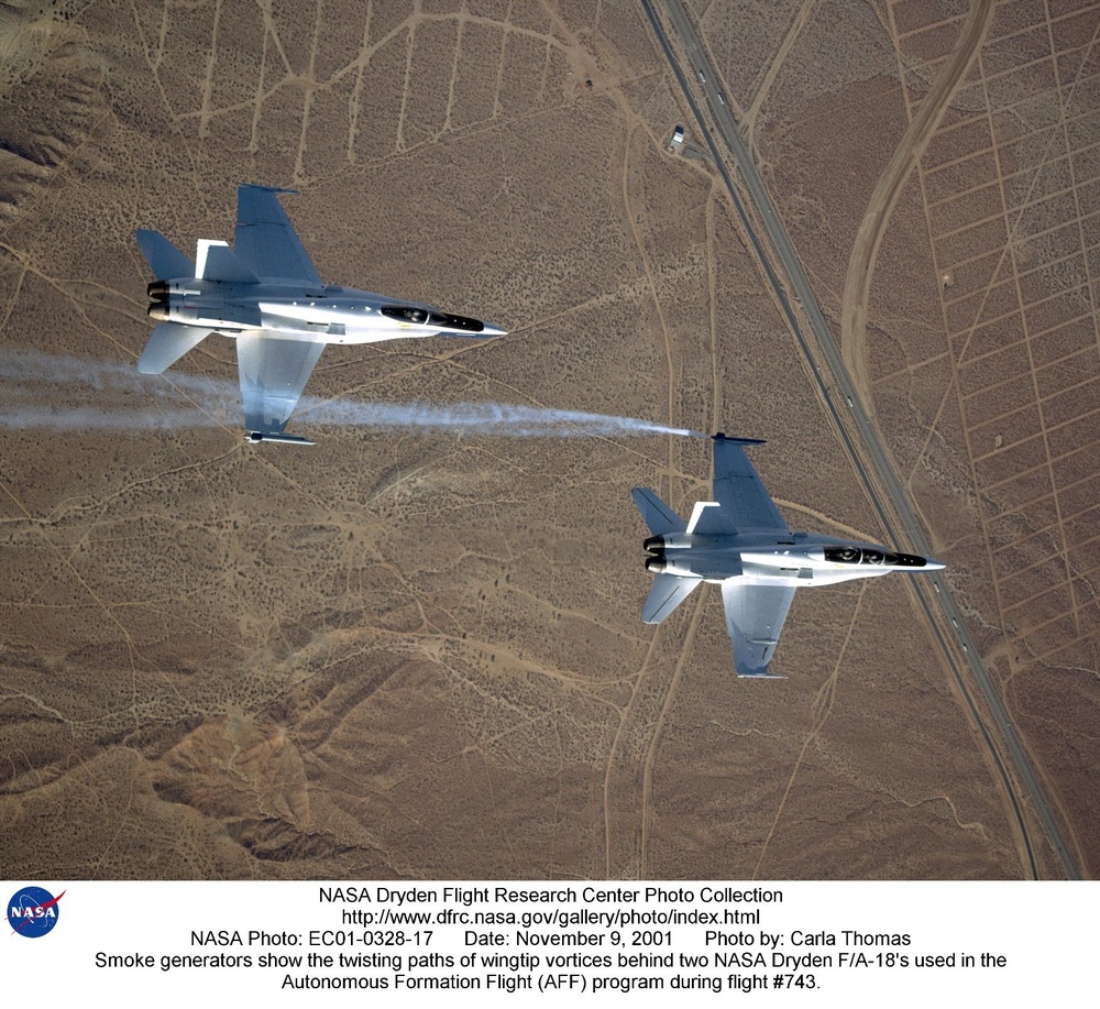 Smoke generators show the twisting paths of wingtip vortices behind two NASA Dryden F/A-18's used in
