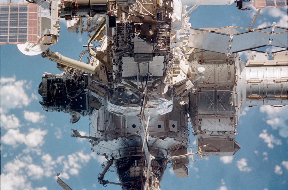 View of the zenith side of the P6 Truss, Node 1 and Airlock taken during STS-110