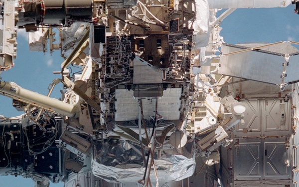 View of the zenith side of the P6 Truss, Node 1 and Airlock taken during STS-110