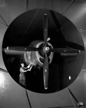 R-3350-57 ENGINE IN CELL 3 OF THE ENGINE PROPELLER RESEARCH BUILDING EPRB 2 SHOWING EXHAUST PRESSURE
