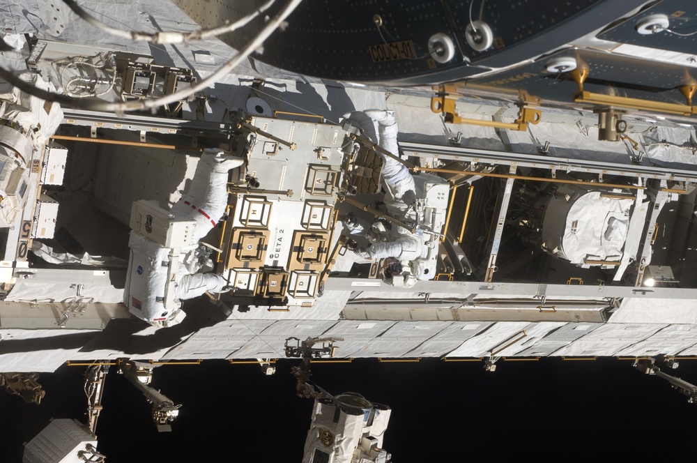 STS-119 Extravehicular Activity EVA 3 Crew and Equipment Translation Aid CETA Cart 2 Relocate OPS