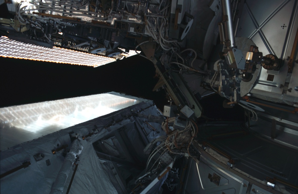 View of the port side of the S0 and Z1 Trusses taken during the second EVA of STS-110