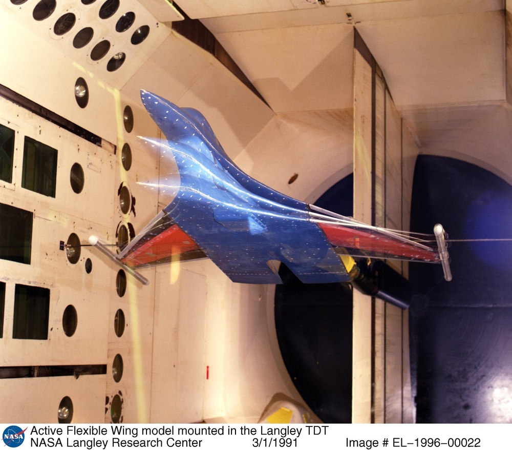 Active Flexible Wing model mounted in the Langley TDT