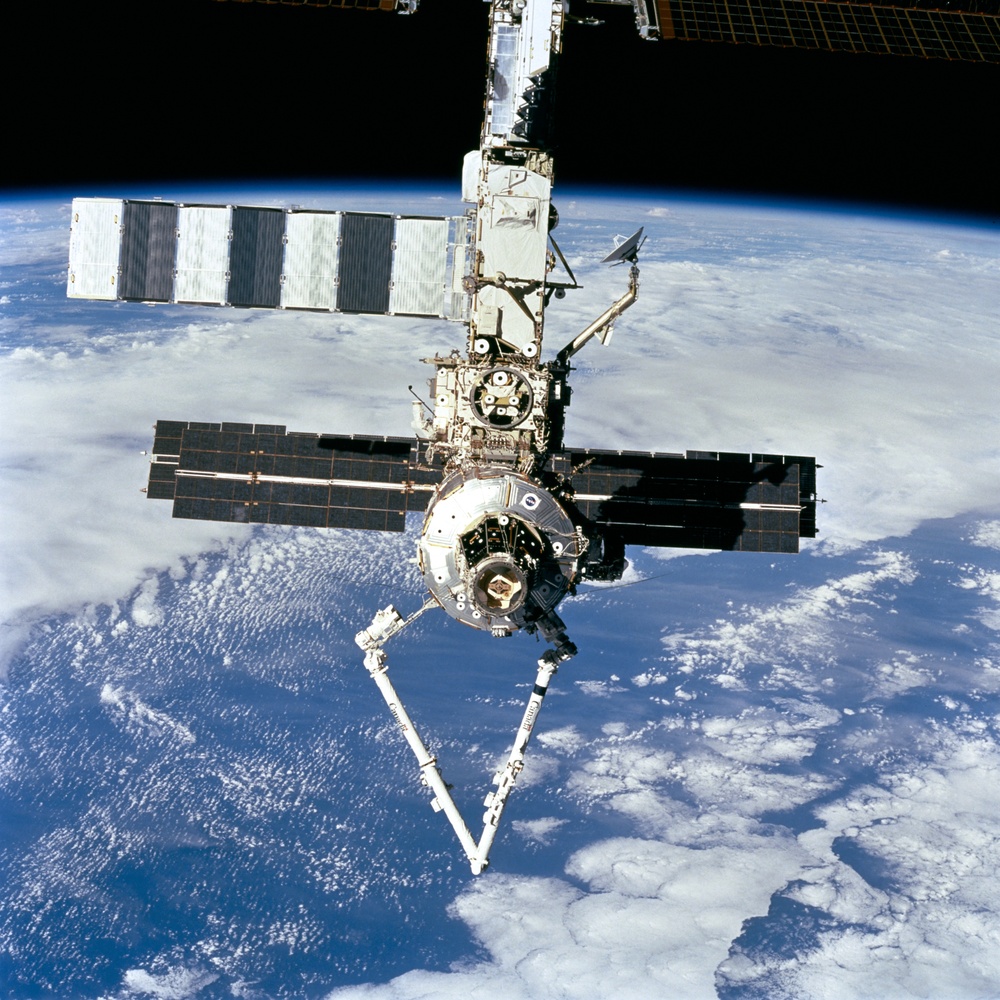 Forward view of the ISS taken during the final flyaround of the STS-100 mission