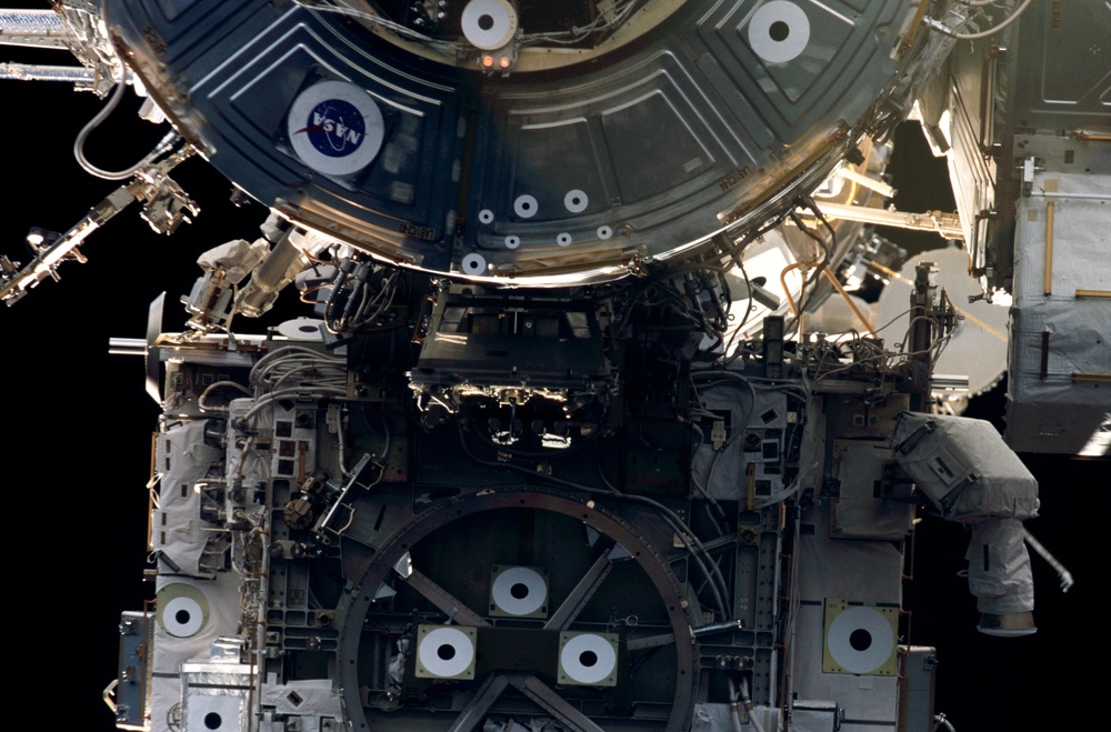 View of the forward side of the Z1 Truss and U.S. Laboratory taken during STS-110