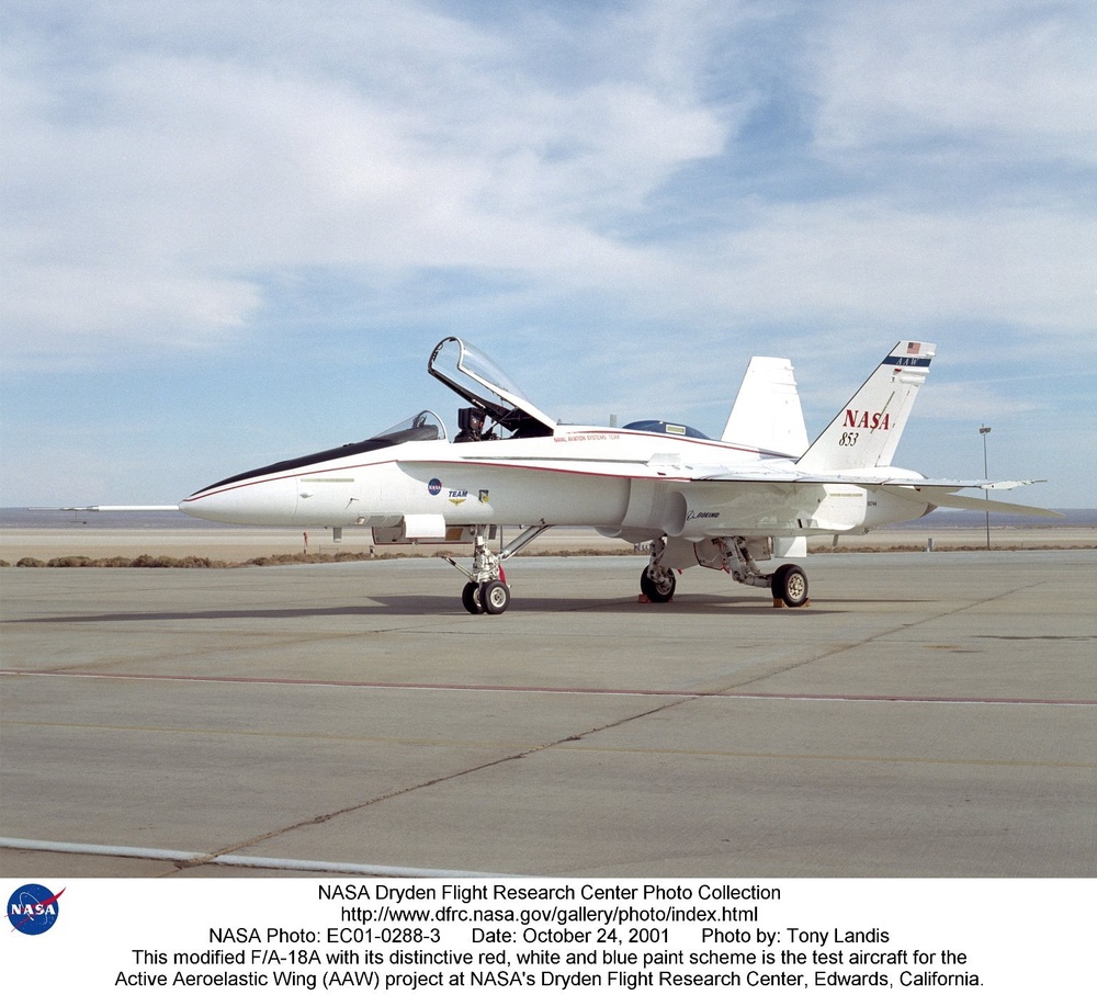 This modified F/A-18A with its distinctive red, white and blue paint scheme is the test aircraft for