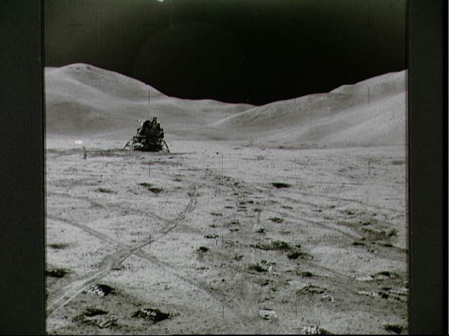 Lunar Module photographed against lunarscape during Apollo 15 EVA
