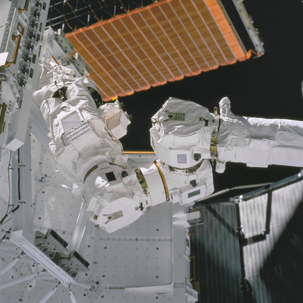 View of the newly installed SSRMS grappling the SLP taken during the STS-100 mission