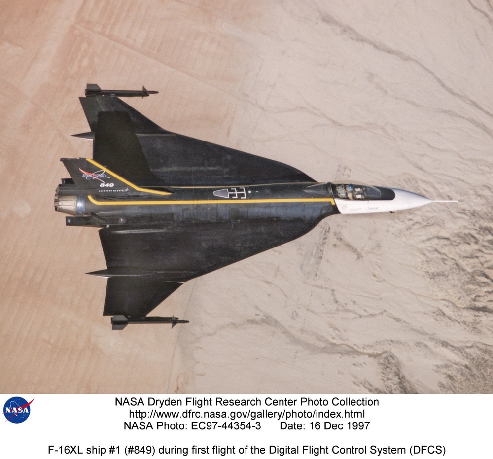 F-16XL ship #1 (#849) during first flight of the Digital Flight Control System (DFCS)