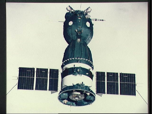 Soviet Soyuz spacecraft in orbit as seen from American Apollo spacecraft