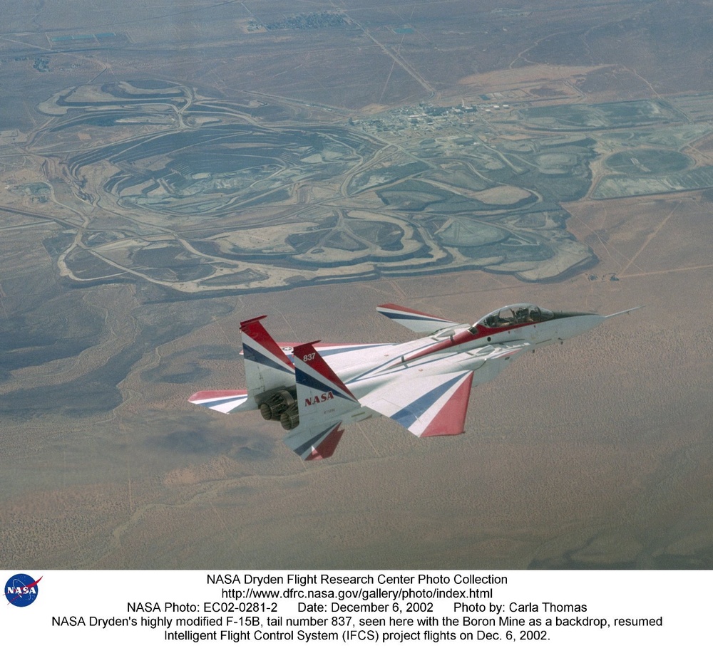 NASA Dryden's highly modified F-15B, tail number 837, seen here with the Boron Mine as a backdrop, r