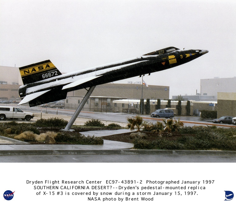 X-15 #3 pedestal-mounted full-scale replica covered in snow