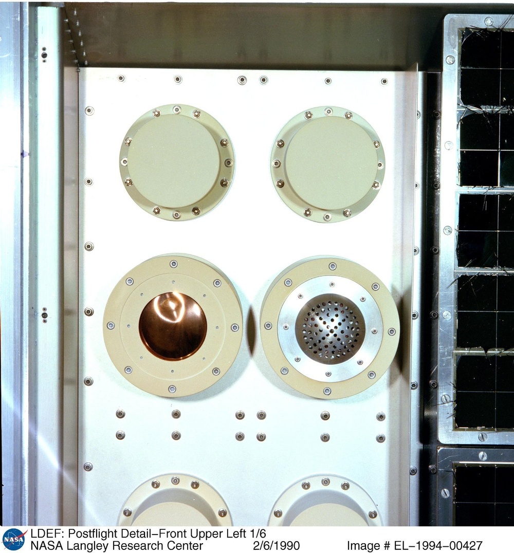 LDEF: Postflight Detail-Front Upper Left 1/6