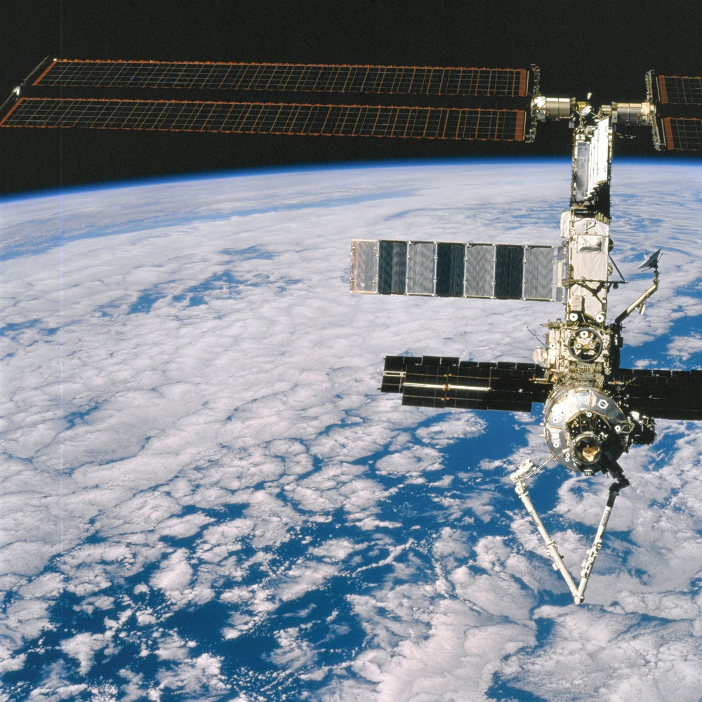 Forward view of the ISS taken during the final flyaround of the STS-100 mission