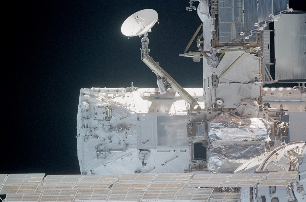 View of the aft nadir side of the P6 Truss, S0 Truss and FGB taken during STS-110