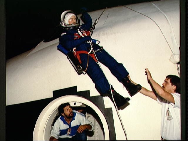 STS-29 MS Bagian during post landing egress exercises in JSC FFT mockup