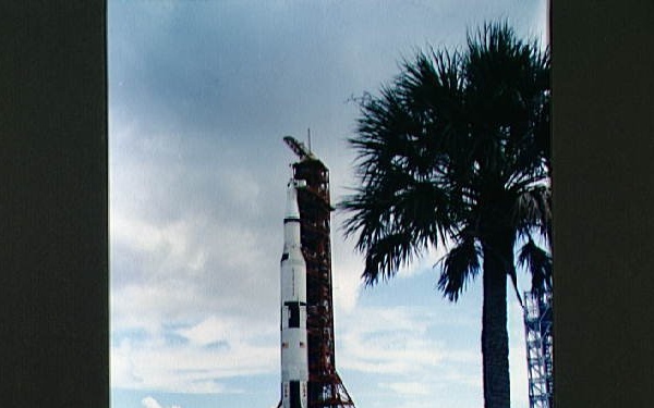 Apollo 4 stack and mobile launch tower moving from VAB toward launch pad