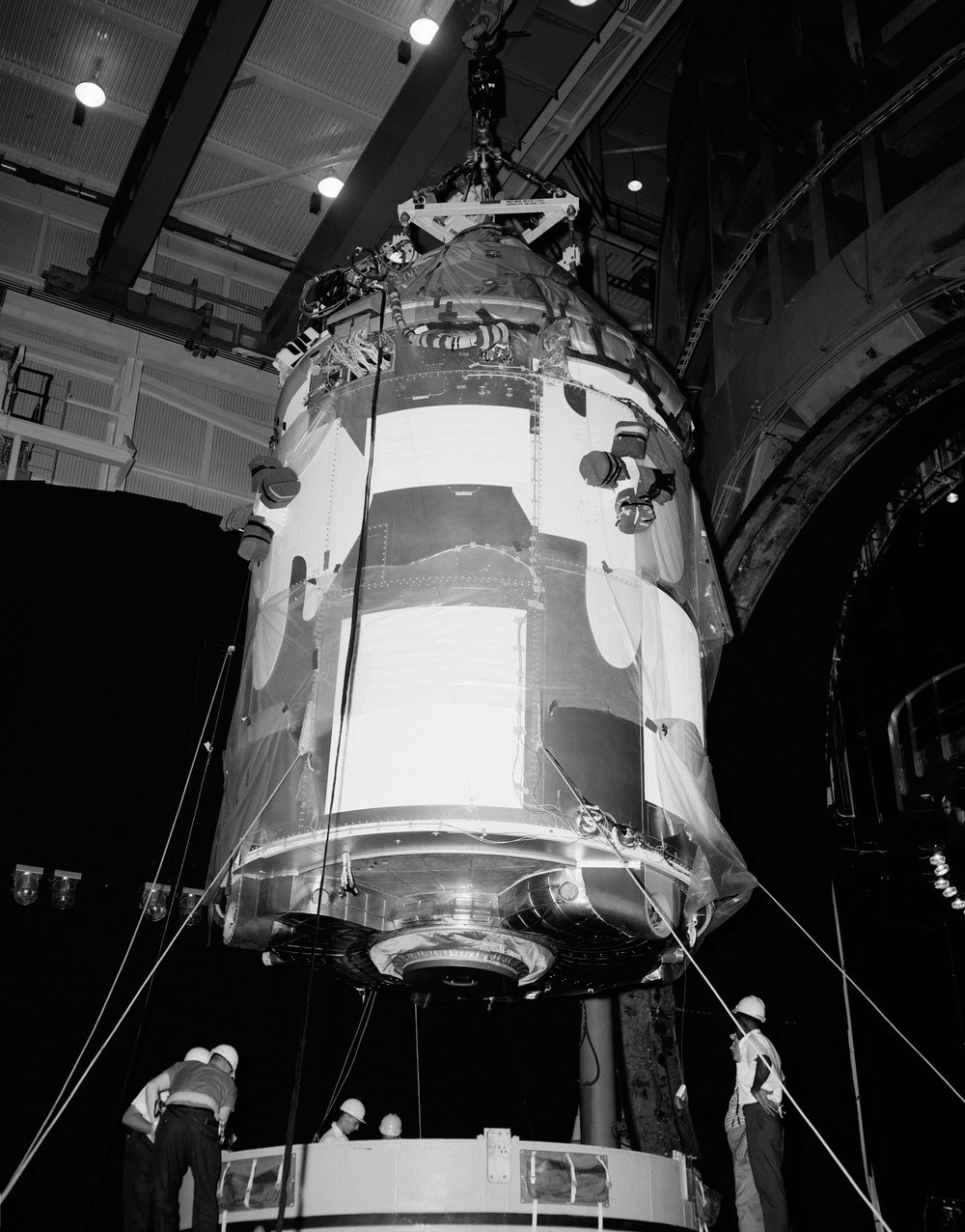 Spacecraft and work stand installation bldg. 32 Chamber ''A''