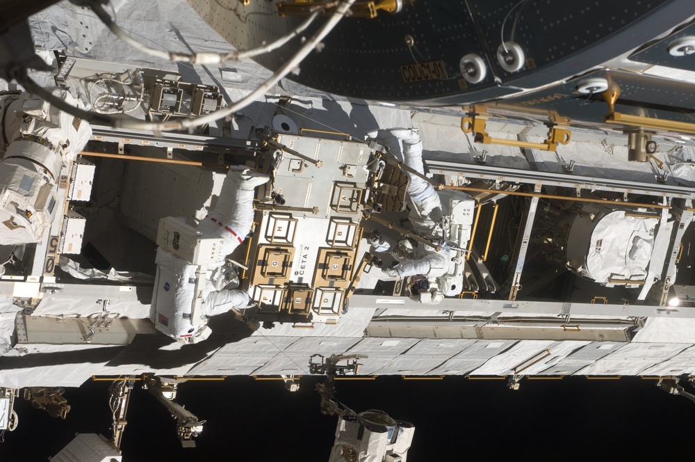 STS-119 Extravehicular Activity EVA 3 Crew and Equipment Translation Aid CETA Cart 2 Relocate OPS