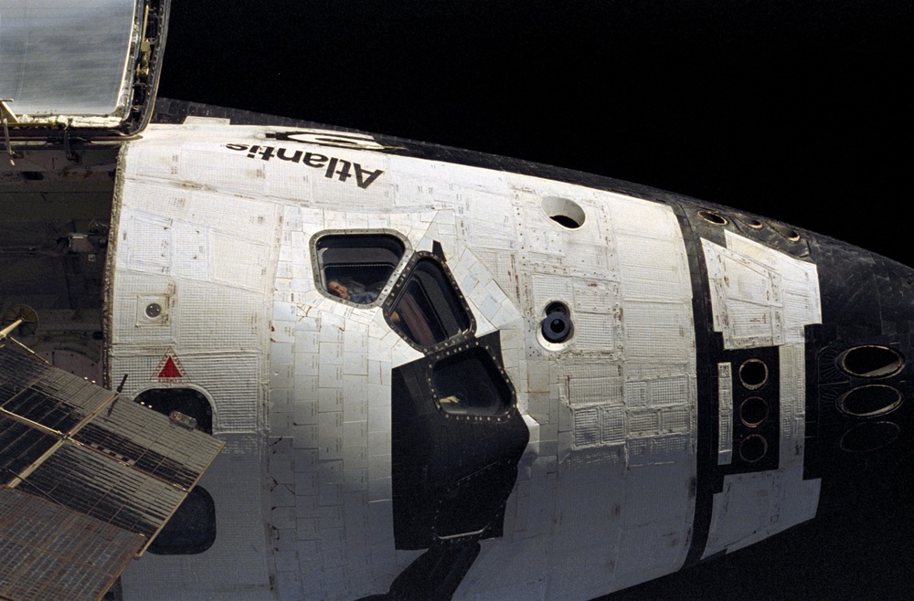 View of the shuttle orbiter Atlantis from the Mir Space Station