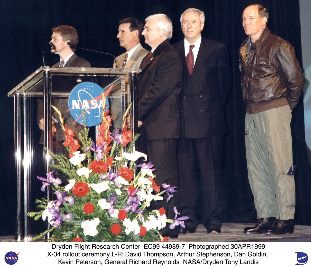 X-34 rollout ceremony April 30, 1999 - David Thompson, Arthur Stephenson, Dan Goldin, Kevin Petersen