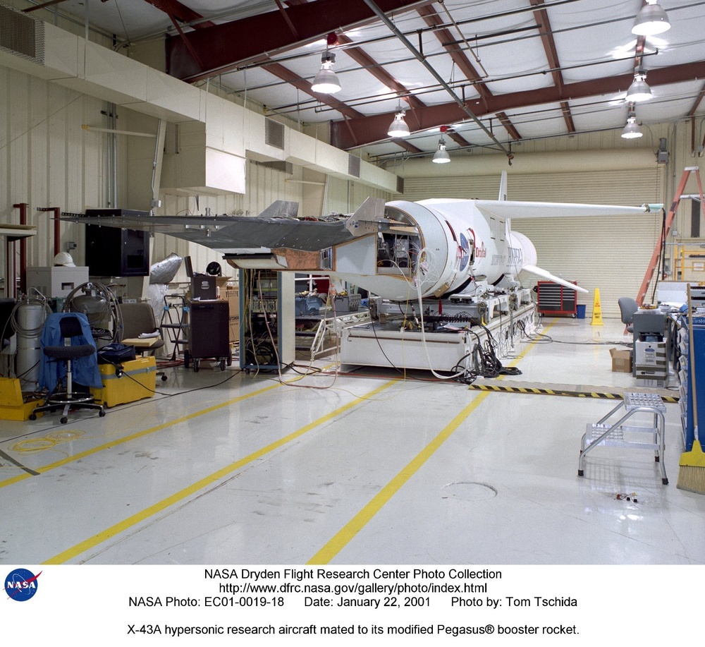 X-43A hypersonic research aircraft mated to its modified Pegasus booster rocket.