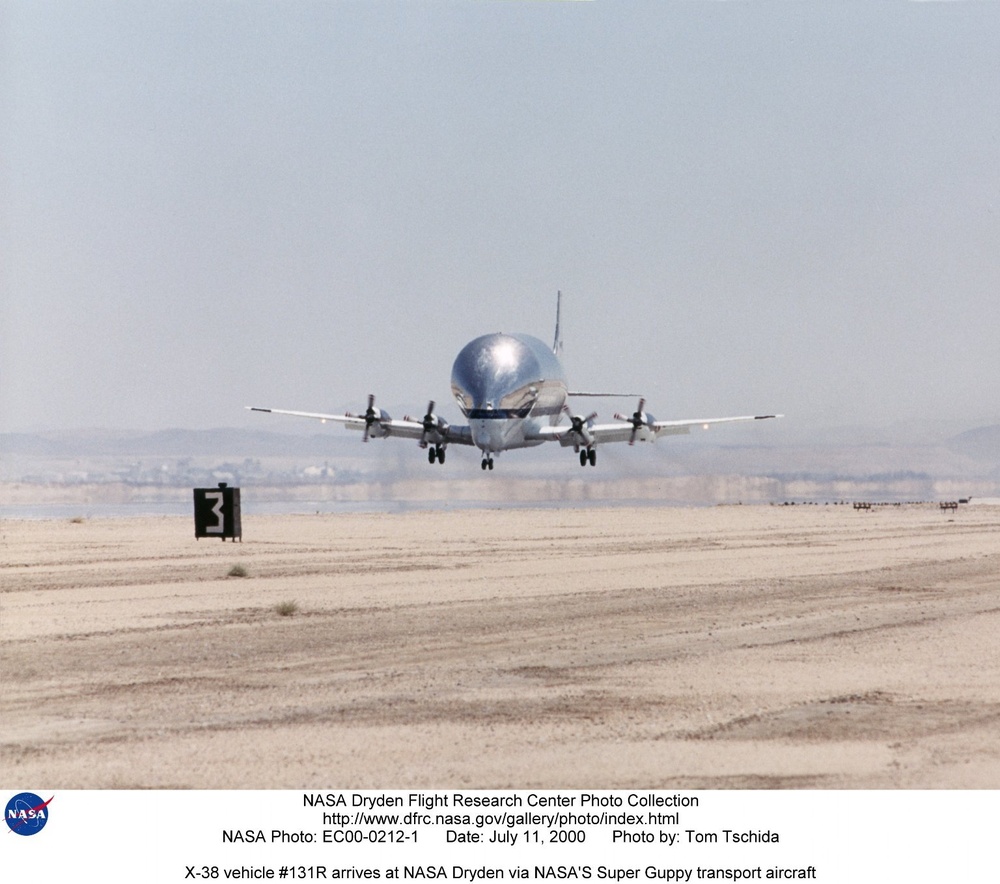 X-38 vehicle #131R arrives at NASA Dryden via NASA'S Super Guppy transport aircraft