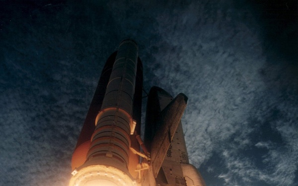 STS-73 Liftoff - Closeup view SSME and SRB after ignition