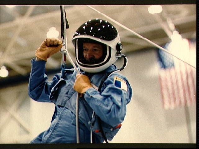 STS 51-G crewmembers undergoing emergency egress training