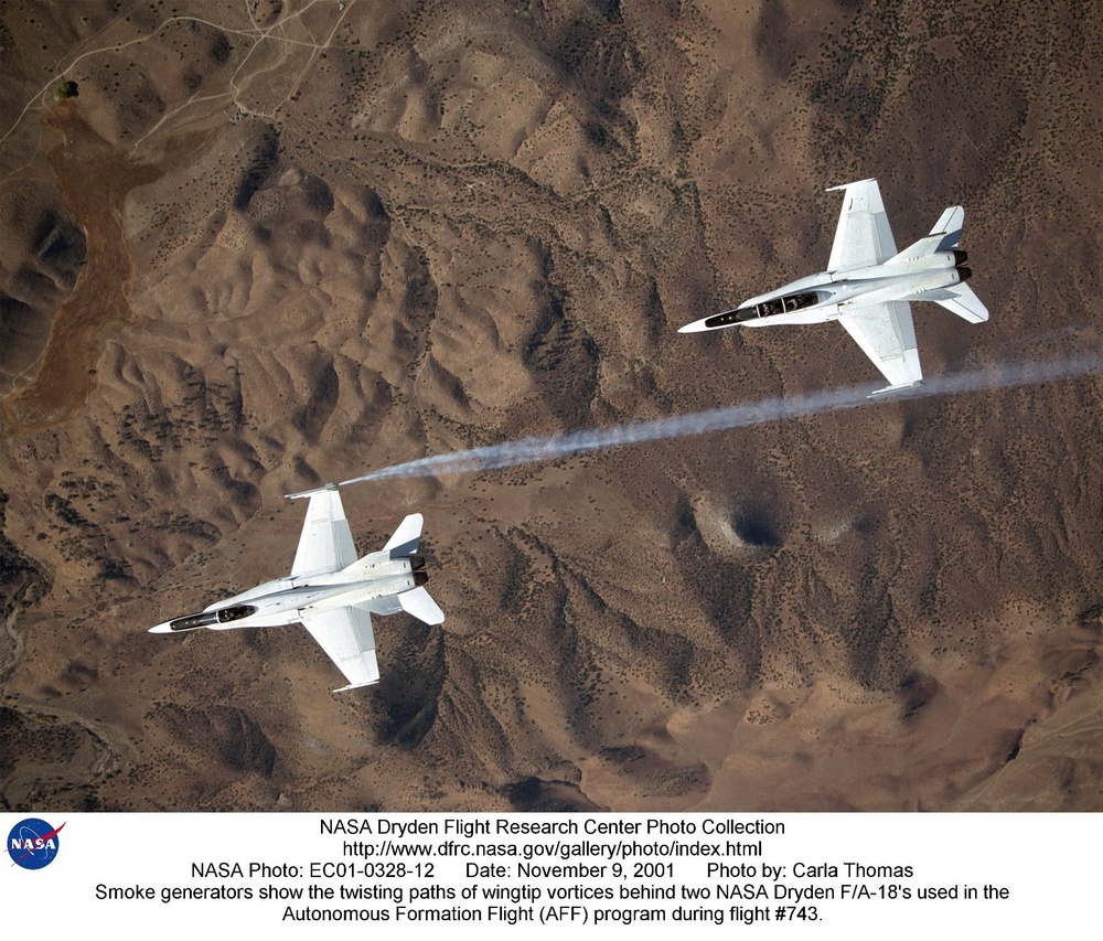 Smoke generators show the twisting paths of wingtip vortices behind two NASA Dryden F/A-18's used in