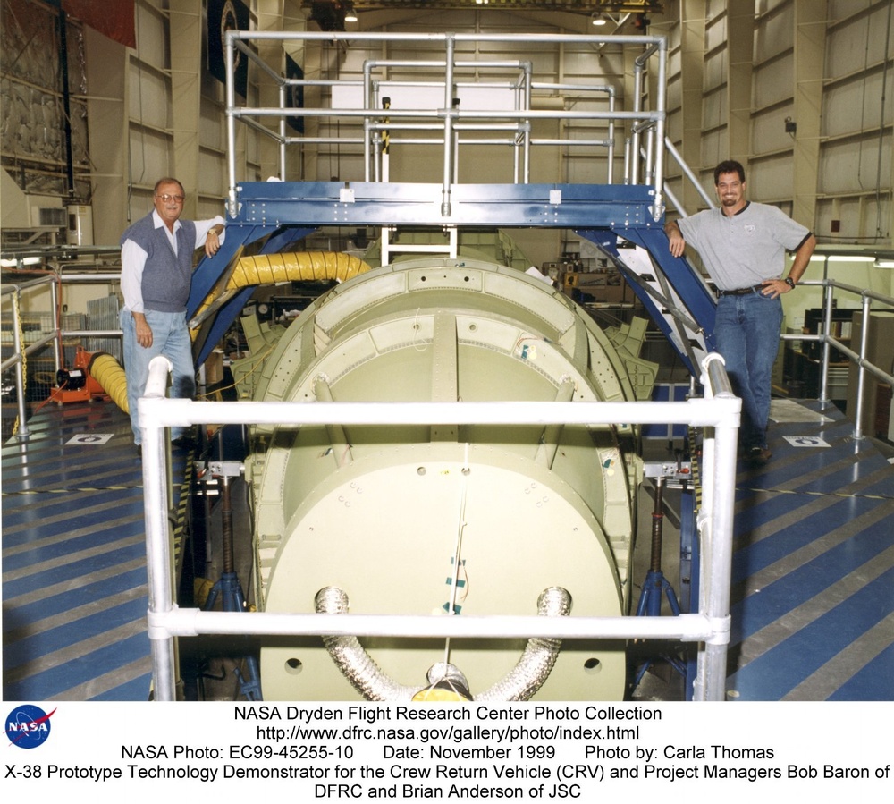 X-38 Prototype Technology Demonstrator for the Crew Return Vehicle (CRV) and Project Managers Bob Ba