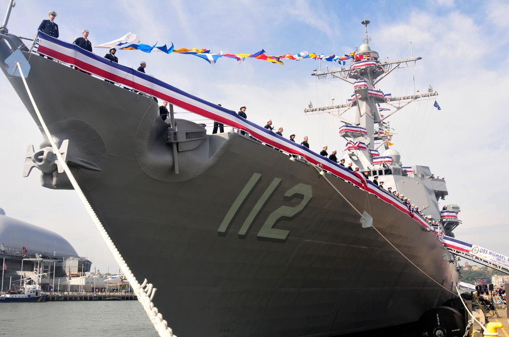 Sailors board USS Michael Murphy during commissioning ceremony