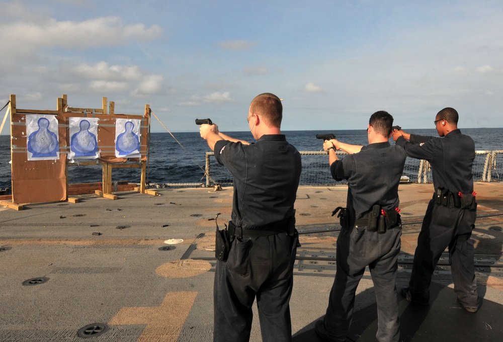 Sailors fire small arms on USS Underwood