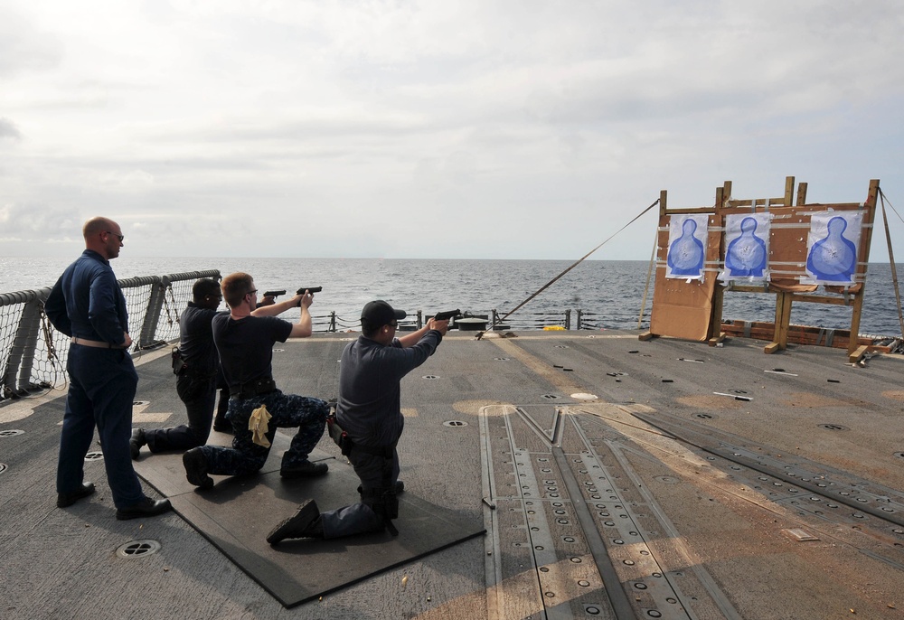 Sailors fire small arms on USS Underwood