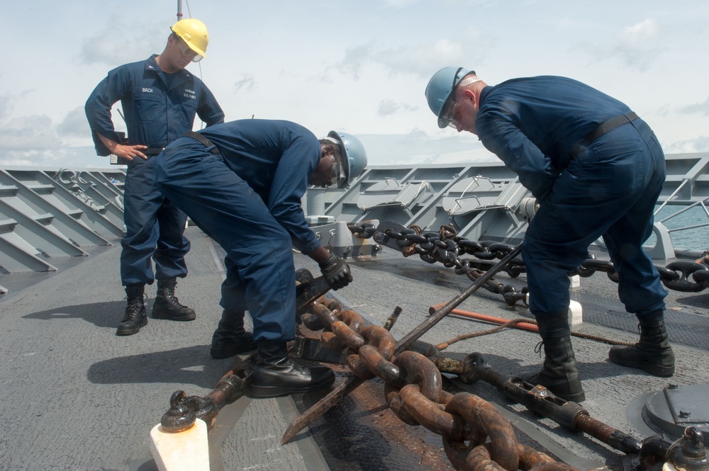 USS Mobile Bay sailors secure anchor