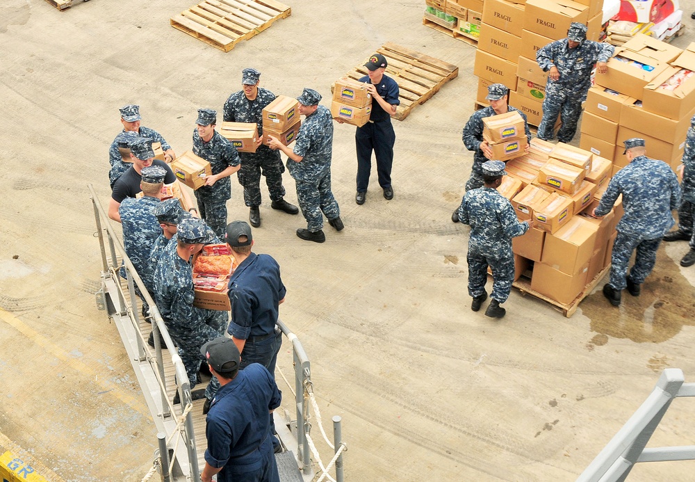 USS Underwood sailors load cargo