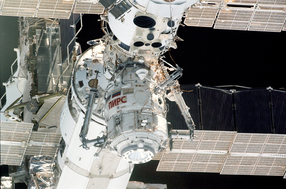 View of the nadir side of the Zarya, Zvezda and Pirs taken during STS-110