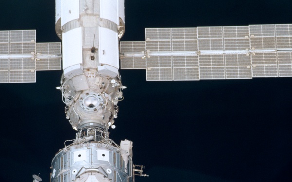 The U.S. Lab, FGB and Node 1 taken during the initial approach of Endeavour for STS-100