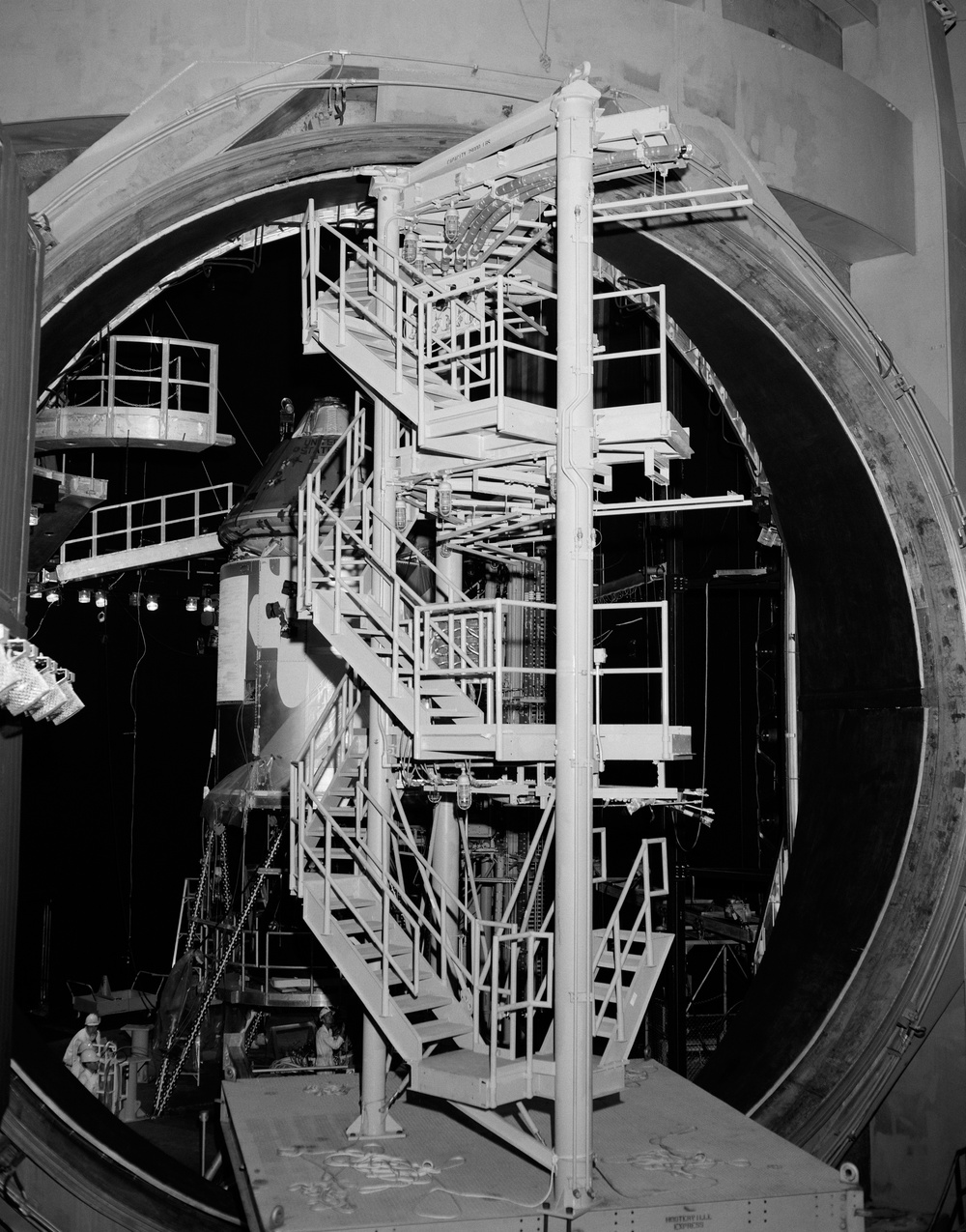 Spacecraft and work stand installation bldg. 32 Chamber ''A''