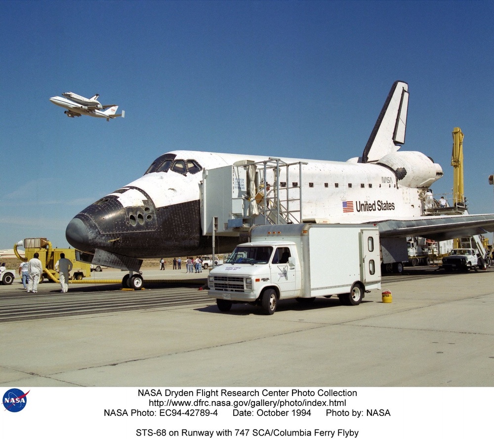 STS-68 on Runway with 747 SCA/Columbia Ferry Flyby