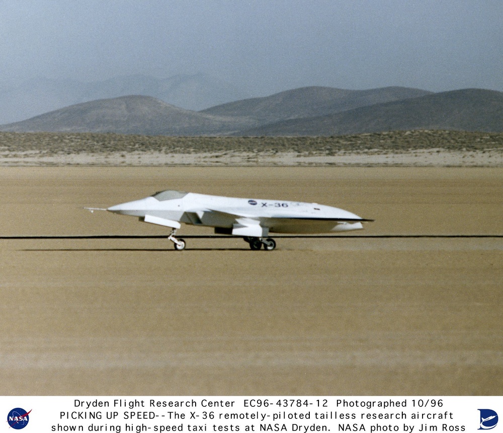 X-36 Tailless Fighter Agility Research Aircraft on lakebed during high-speed taxi tests