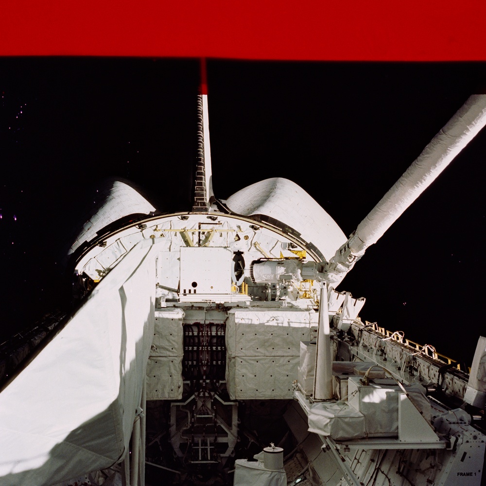 View of the Columbia's open payload bay and the Canadian RMS