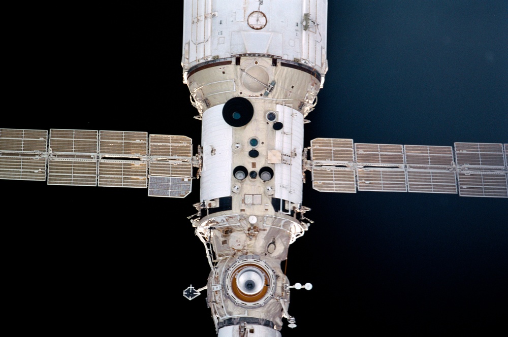 Nadir view of Zvezda Service module seen during approach for docking
