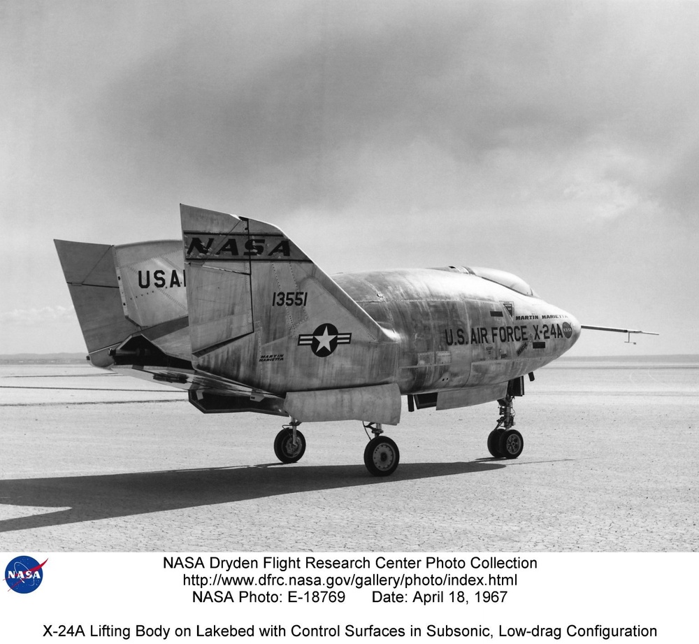 X-24A Lifting Body on Lakebed with Control Surfaces in Subsonic, Low-drag Configuration