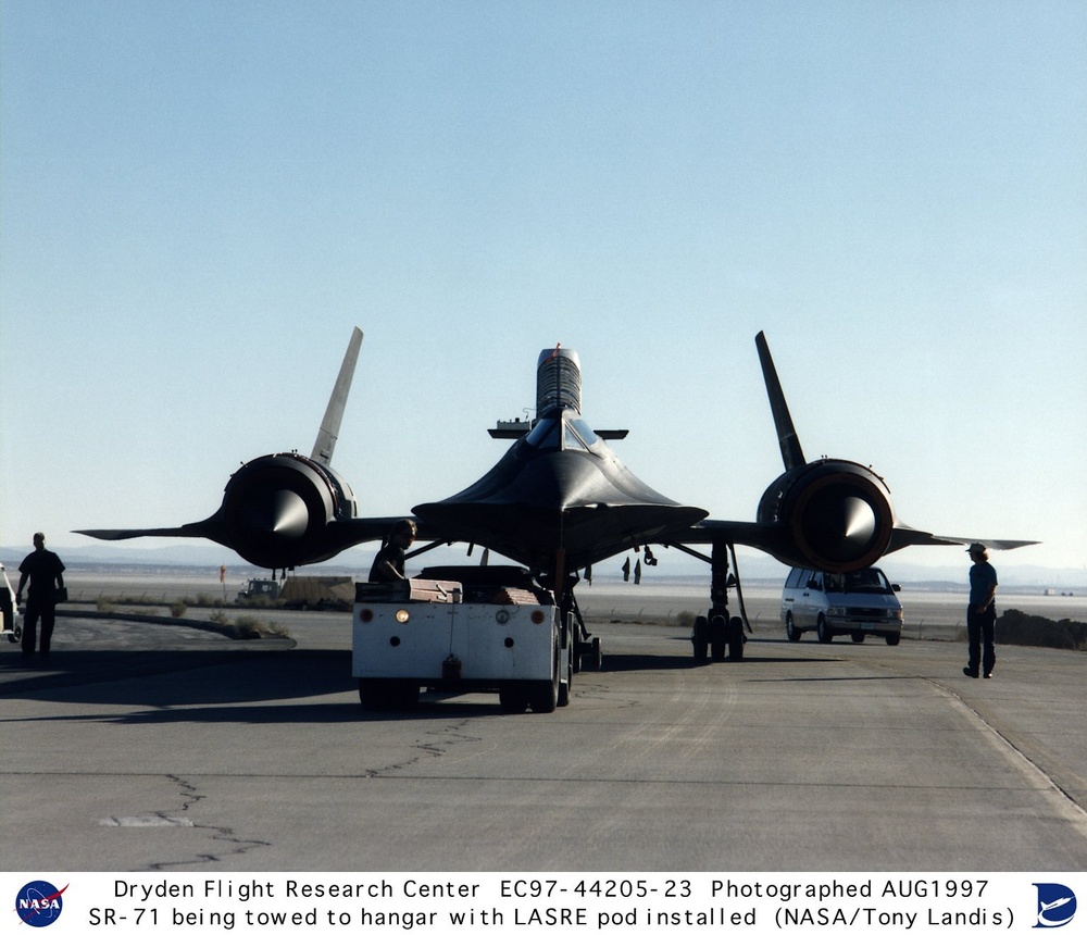 SR-71 being towed to hangar with LASRE pod installed