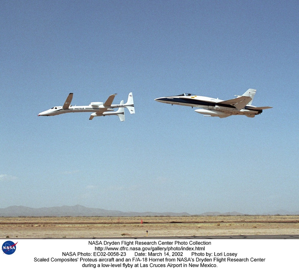 Scaled Composites' Proteus aircraft and an F/A-18 Hornet from NASA's Dryden Flight Research Center d