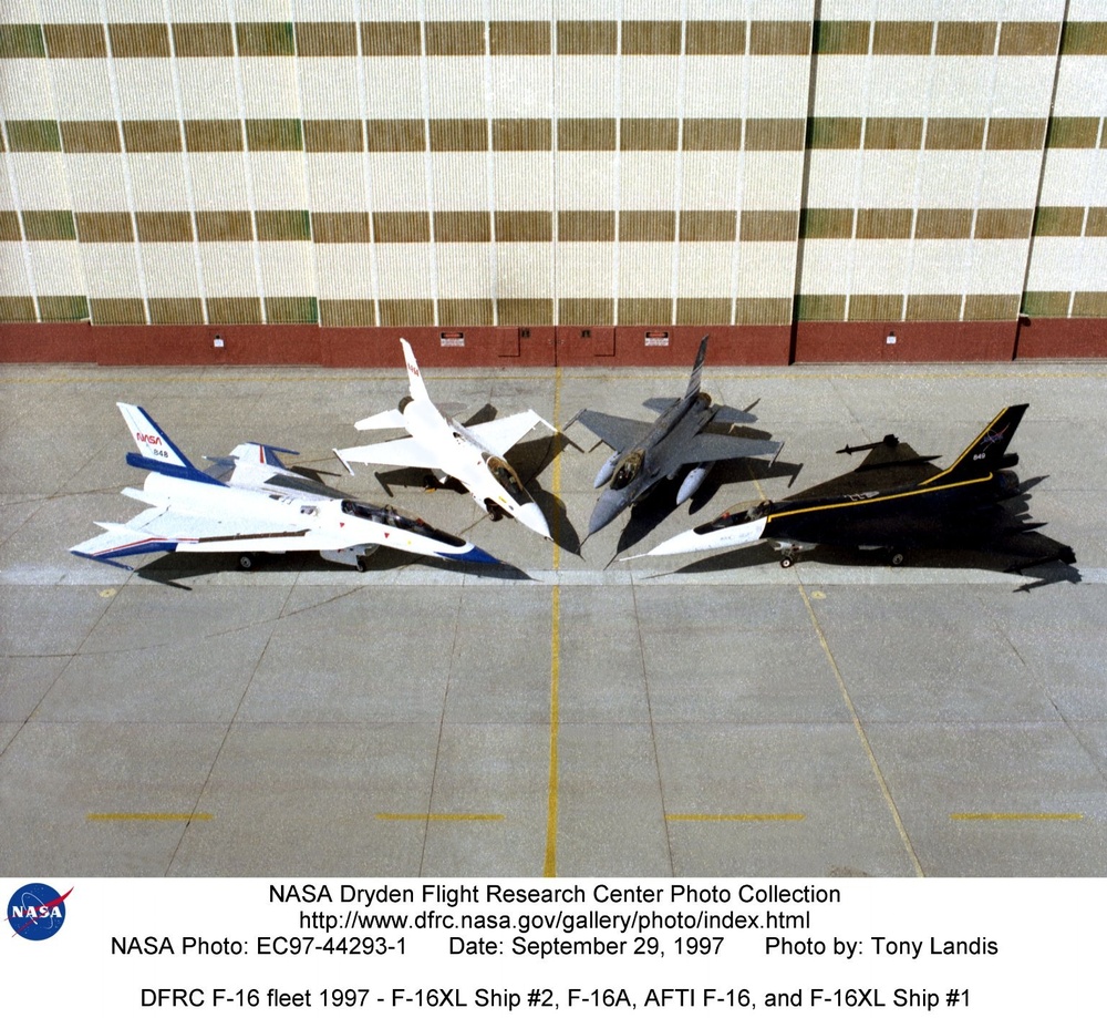 DFRC F-16 fleet 1997 - F-16XL Ship #2, F-16A, AFTI F-16, and F-16XL Ship #1
