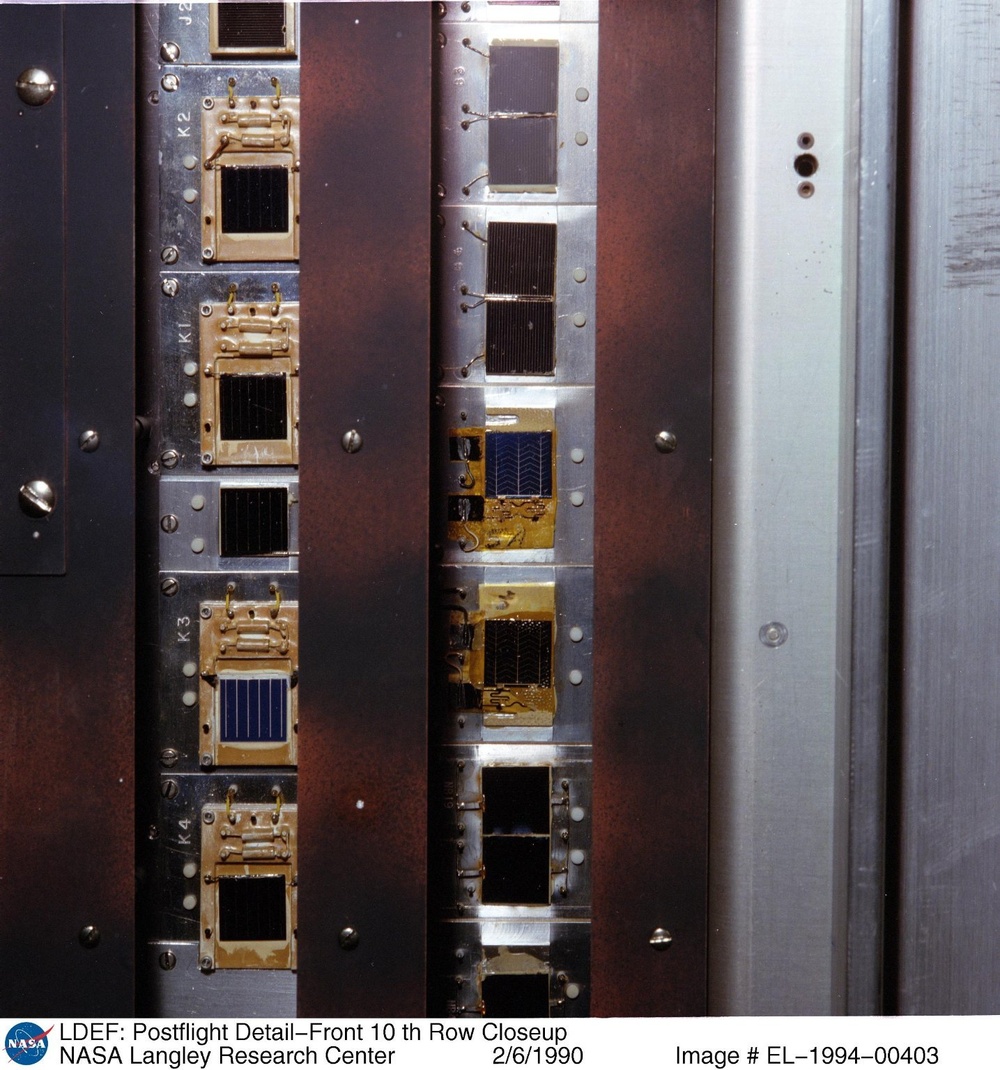 LDEF: Postflight Detail-Front 10 th Row Closeup