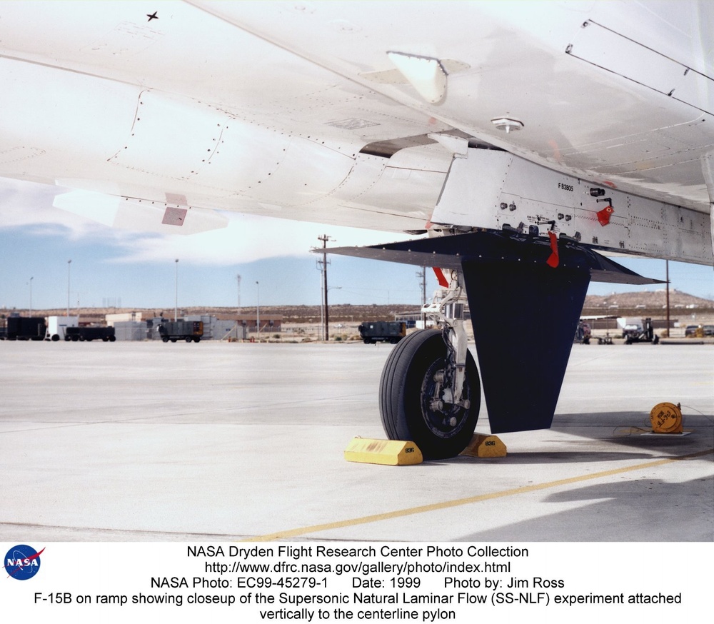 F-15B on ramp showing closeup of the Supersonic Natural Laminar Flow (SS-NLF) experiment attached ve